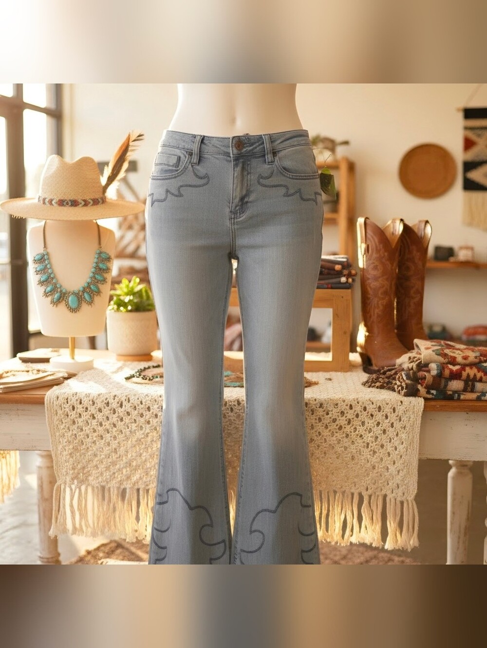 Idyllwind Light Blue Straight Leg Jeans with Dark Blue Embroidery